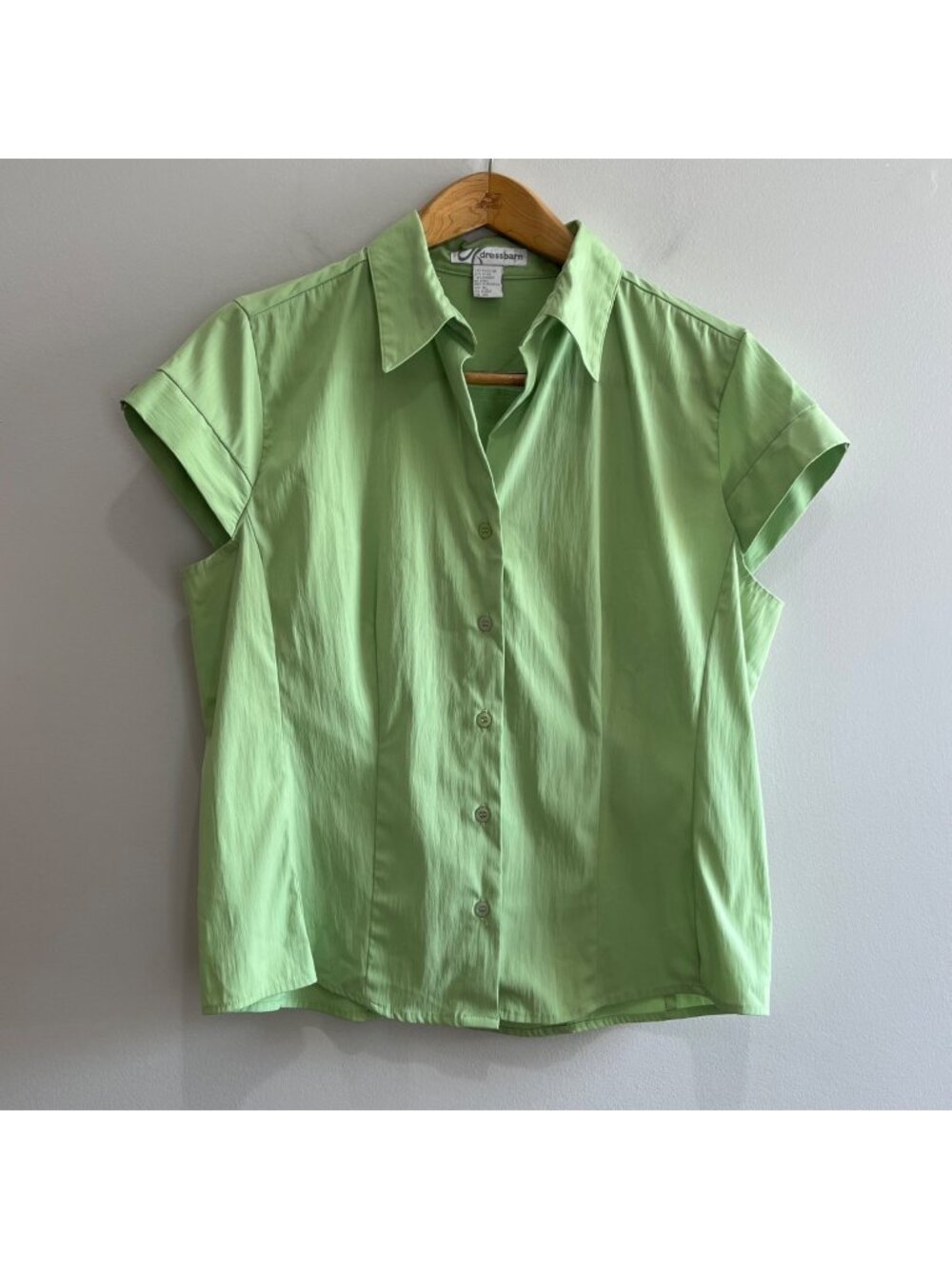 Y2K Dress Barn Button Up Cap Sleeve Blouse Womens XL Green Stretch